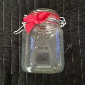 Anchor Hocking #10614 Snowman Embossed Glass Manson Jar Clamp Lid & Red Bow 38oz